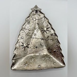 Hallmark Christmas Tree Shaped Silver Trinket Dish/Tray Stars Joy Hope Love